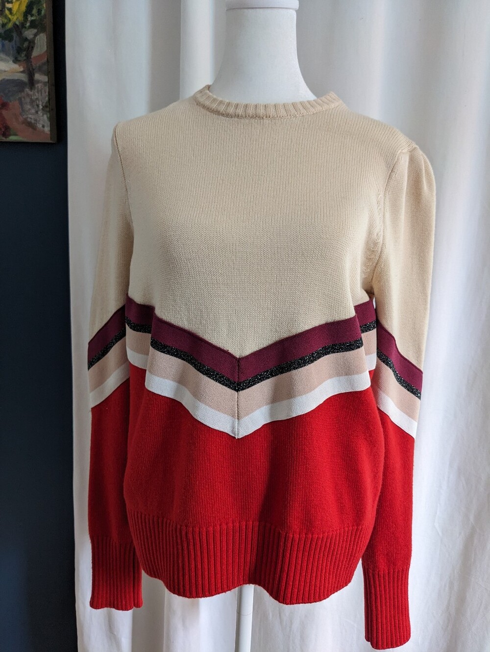 Maje Women's Wool Striped Glitter Band Sweater Beige / Red Size M